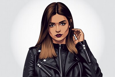 Woman in leather jacket touching hair
