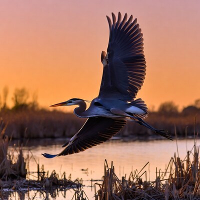 Great Blue Heron Flying at Sunset