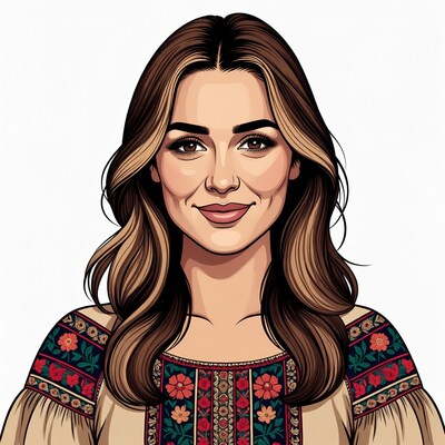 Smiling woman in embroidered blouse