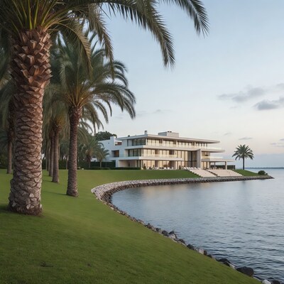 Modern white mansion by lake