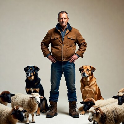 Man standing with dogs and sheep