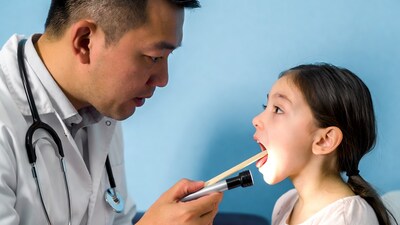 Asian doctor examining girl's throat