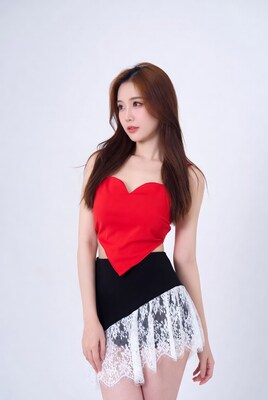 Asian woman in red heart crop top