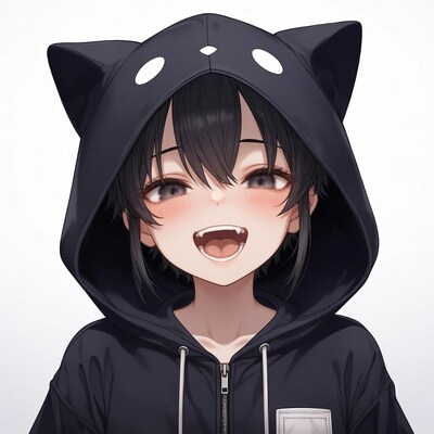 Anime girl in cat ear hoodie smiling