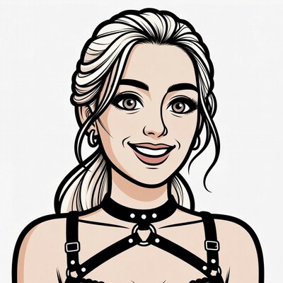Blonde woman in leather harness smiling