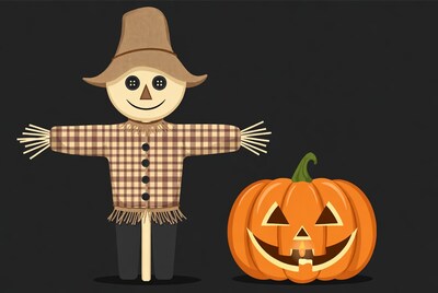 Smiling Scarecrow with Jack-o'-lantern