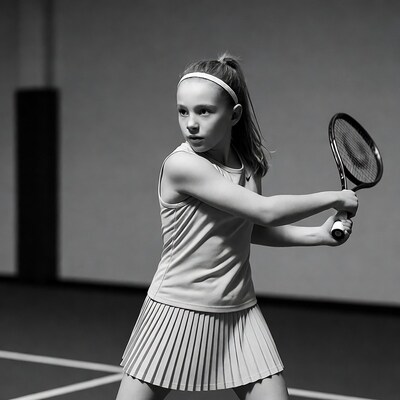 Girl serving tennis racket court