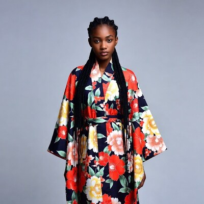 African-American woman in floral kimono