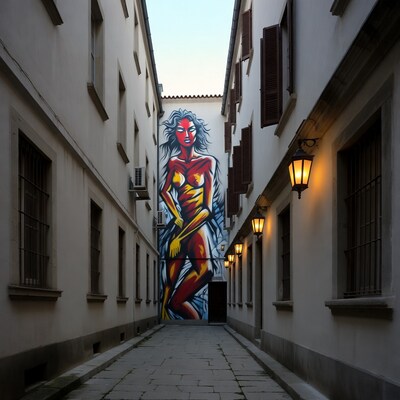 Street art mural of nude woman in alley