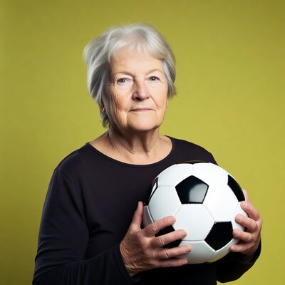 Elderly woman holding soccer ball