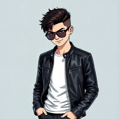 Anime boy in leather jacket with sunglasses
