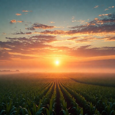 Sunrise over Cornfield with Rows