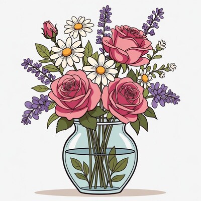 Pink Roses Daisies Lavender in Glass Vase