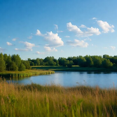 Lake surrounded by reeds and trees