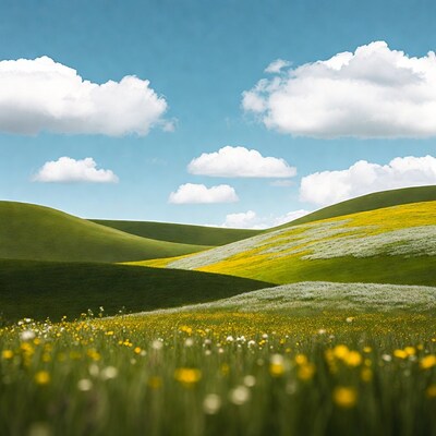 Rolling Green Hills with Yellow Flowers