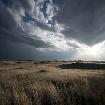 Dramatic Sun Rays Over Grassland Hills