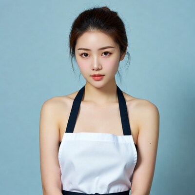 Asian woman wearing white apron