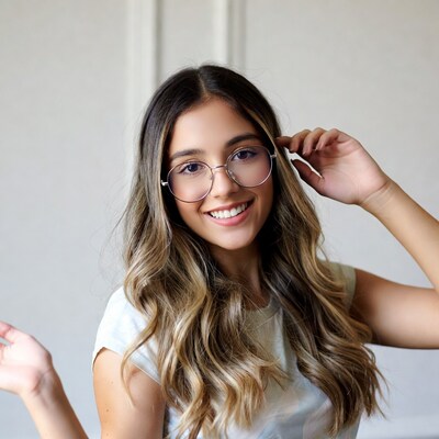 Smiling woman adjusting round glasses