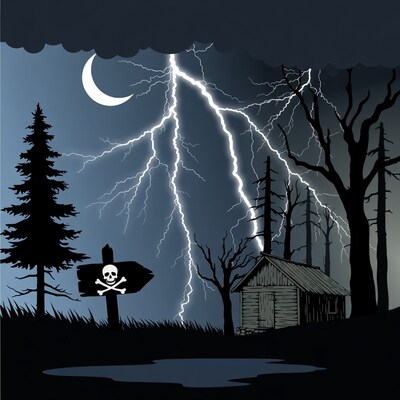 Spooky Cabin in Stormy Forest
