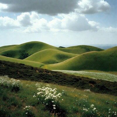 Rolling Green Hills with Wildflowers