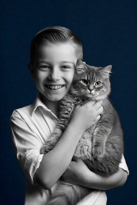 Boy hugging gray cat