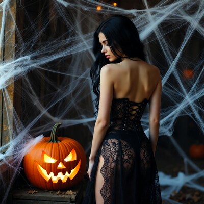 Woman in black lace by jack-o'-lantern