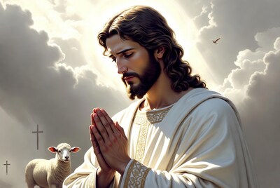 Jesus Praying with Lamb and Crosses