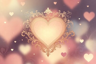 Ornate Golden Heart with Floating Hearts