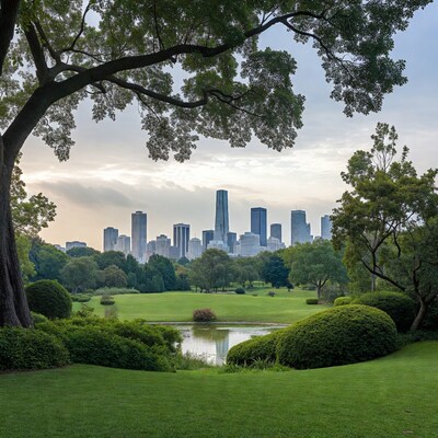 City Skyline Through Park Trees