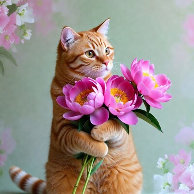 Orange cat holding pink peonies