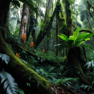 Lush Tropical Rainforest with Orange Flowers