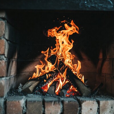 Burning Fire in Brick Fireplace