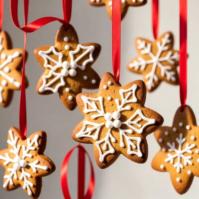 Snowflake Gingerbread Cookies Hanging Red Ribbons