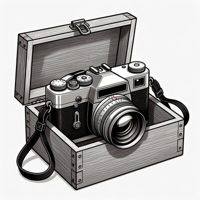 Vintage Camera in Open Wooden Box