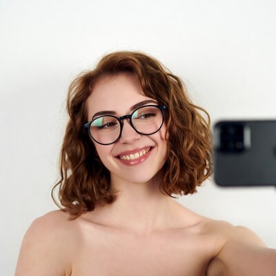 Smiling topless woman in glasses selfie