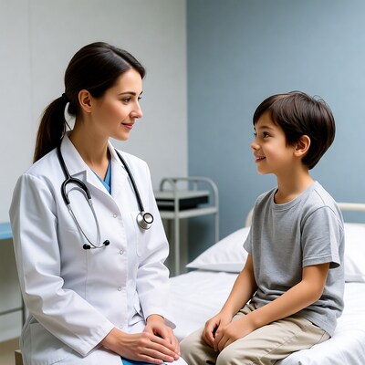 Female doctor talking to boy in hospital