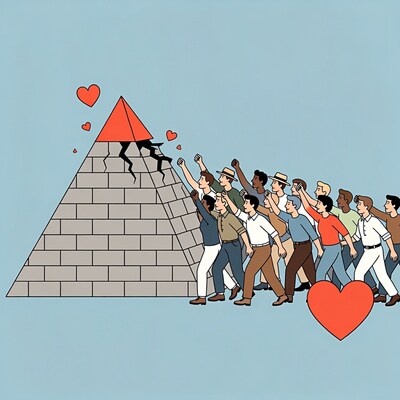 Men pushing pyramid with hearts