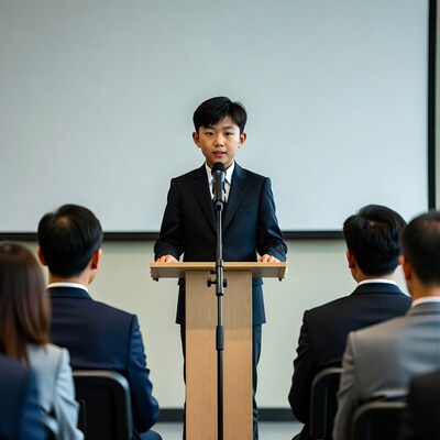 Asian boy speaking at podium