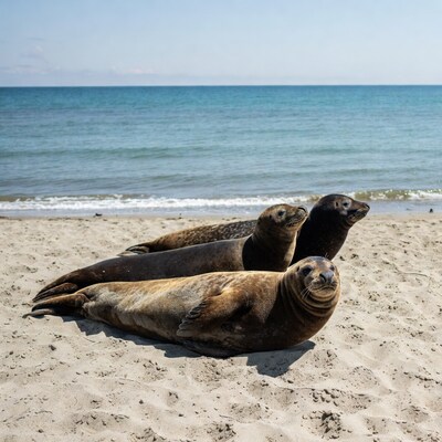 Harbor seals lounging on beach