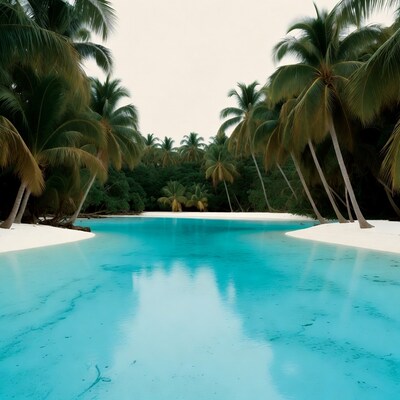 Turquoise Lagoon Between Palm Trees and White Sand