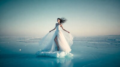 Woman in white gown on ice floe