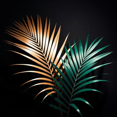 Gold and Teal Palm Fronds on Black