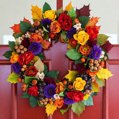 Colorful Autumn Wreath on Red Door