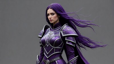 Purple-haired woman in fantasy armor