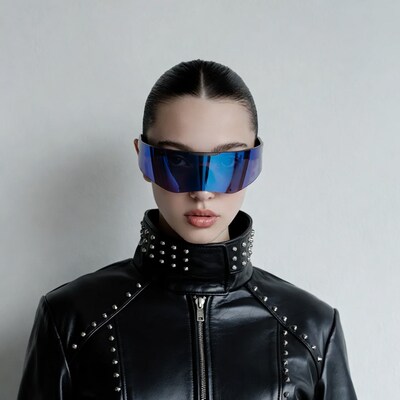 Woman in blue mirrored sunglasses and studded leather jacket
