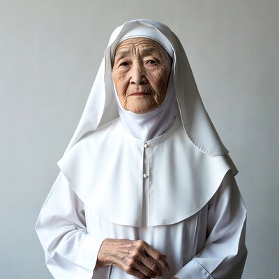 Elderly Asian nun in white habit