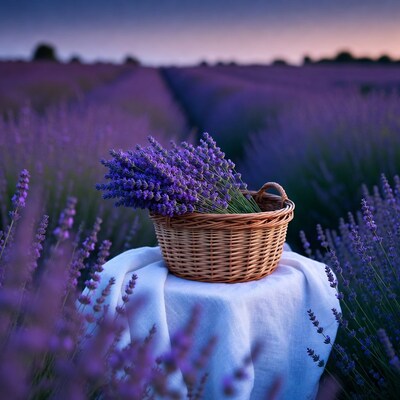 Lavender Bouquet in Wicker Basket