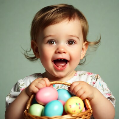Baby girl holding Easter eggs