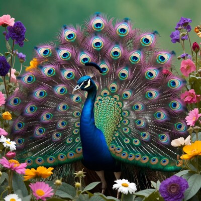 Peacock displaying tail among flowers