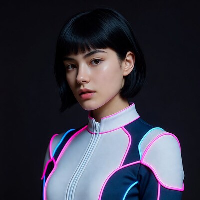 Asian woman in neon cyberpunk suit